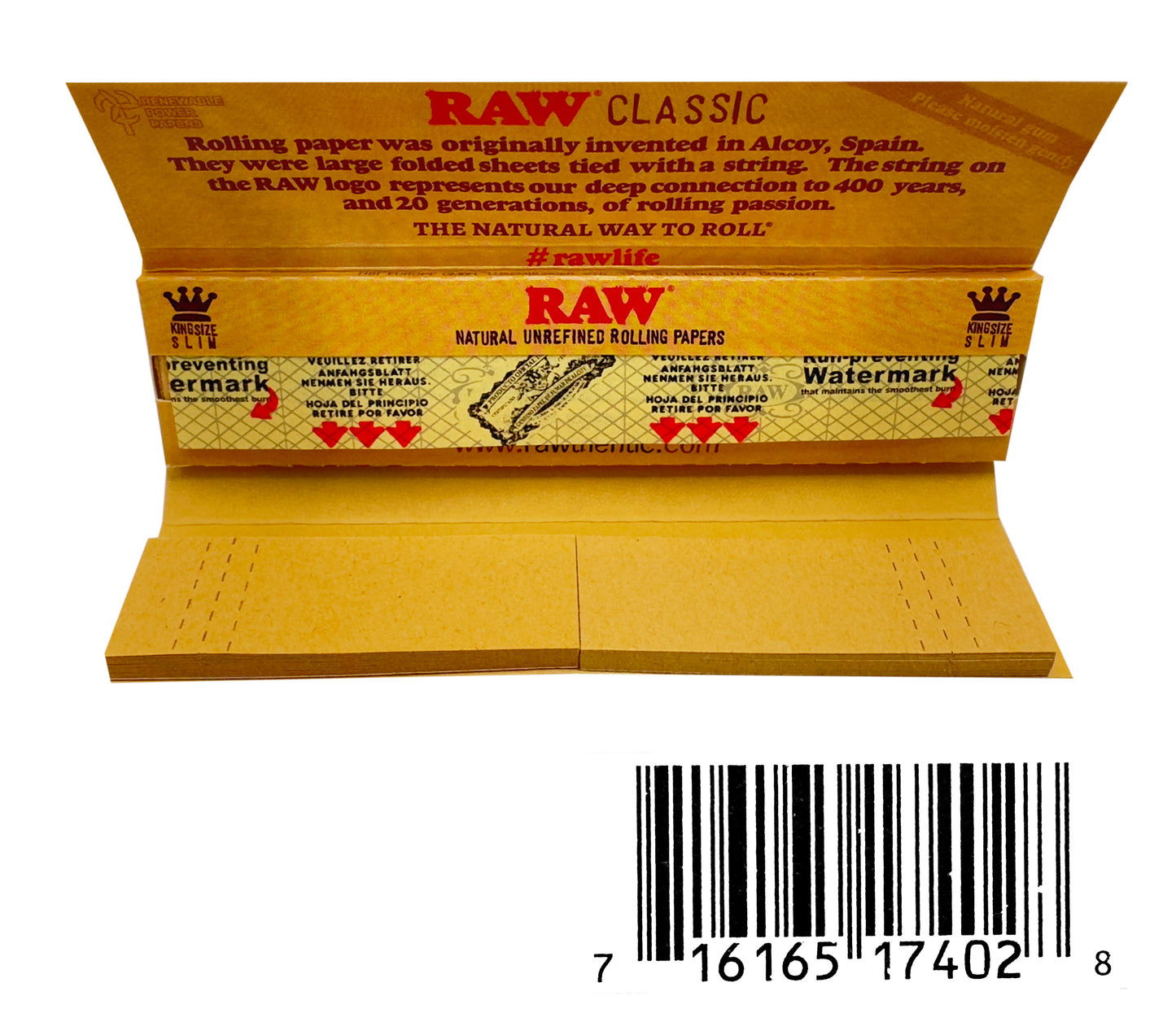 One Pack of Raw Classic Kingsize Slim Rolling Papers + Tips 24 pack